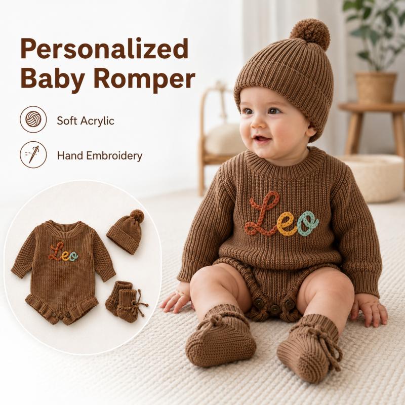 Baby Clothing Names - Personalized Baby Knit Romper Custom Embroidered